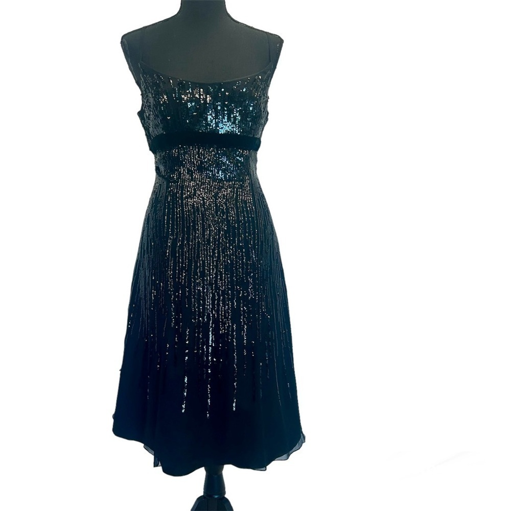 Jovani black sequin silk velvet sleeveless spaghetti strap A-line midi dress 12